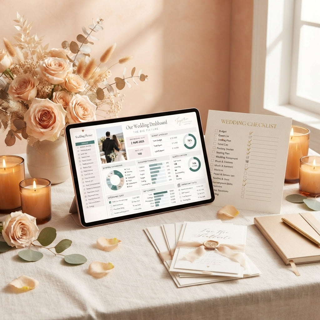A tablet and wedding planning documents on a desk decorated with blush roses and warm lighting.
