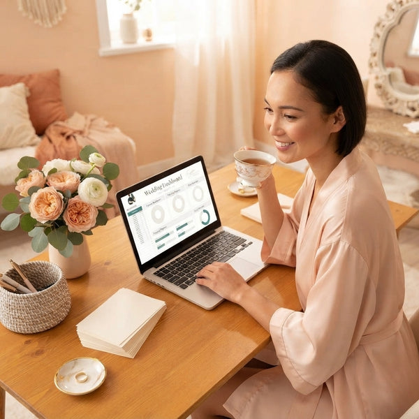 A relaxed bride-to-be sits at a sunlit desk with a laptop displaying an organized wedding planning dashboard in a warm-toned 