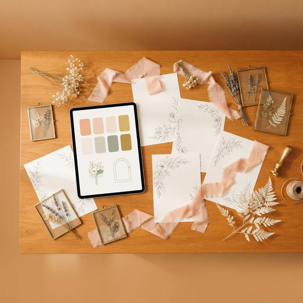 A curated wedding mood board with fabric swatches, dried flowers, and a tablet on a warm amber surface.