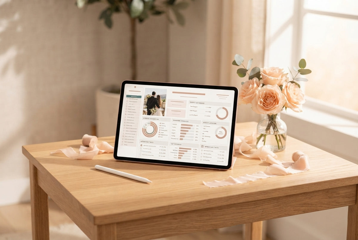 A clean desk with a tablet showing a digital planning interface, decorated with blush ribbons and peach roses in warm lightin